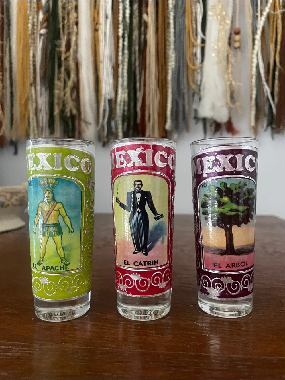 Set of 3 Mexico Lotería Style Shot Glasses - Green, Red, Purple